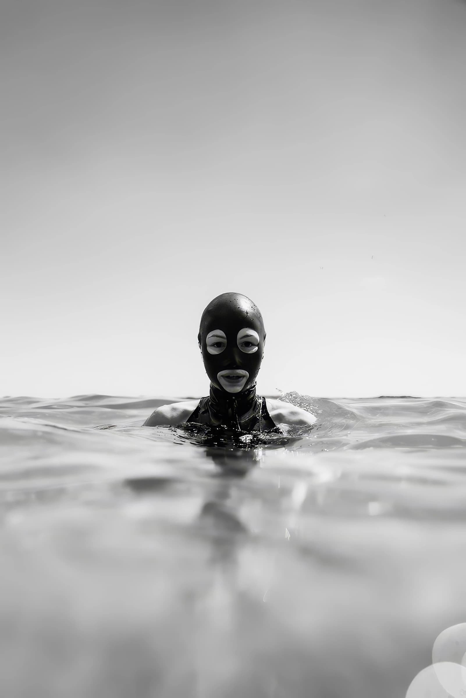 Eine Person in schwarzer Maske schwimmt frontal im Wasser vor hellem Hintergrund.