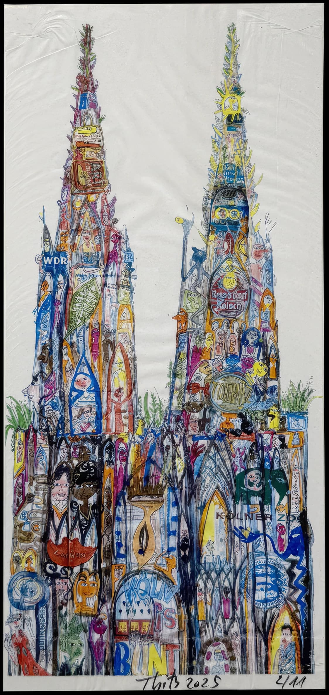 Zwei bunte, hohe Turmzeichnungen auf weißem Papier mit vielen kleinen Figuren und Schriftzügen.
.