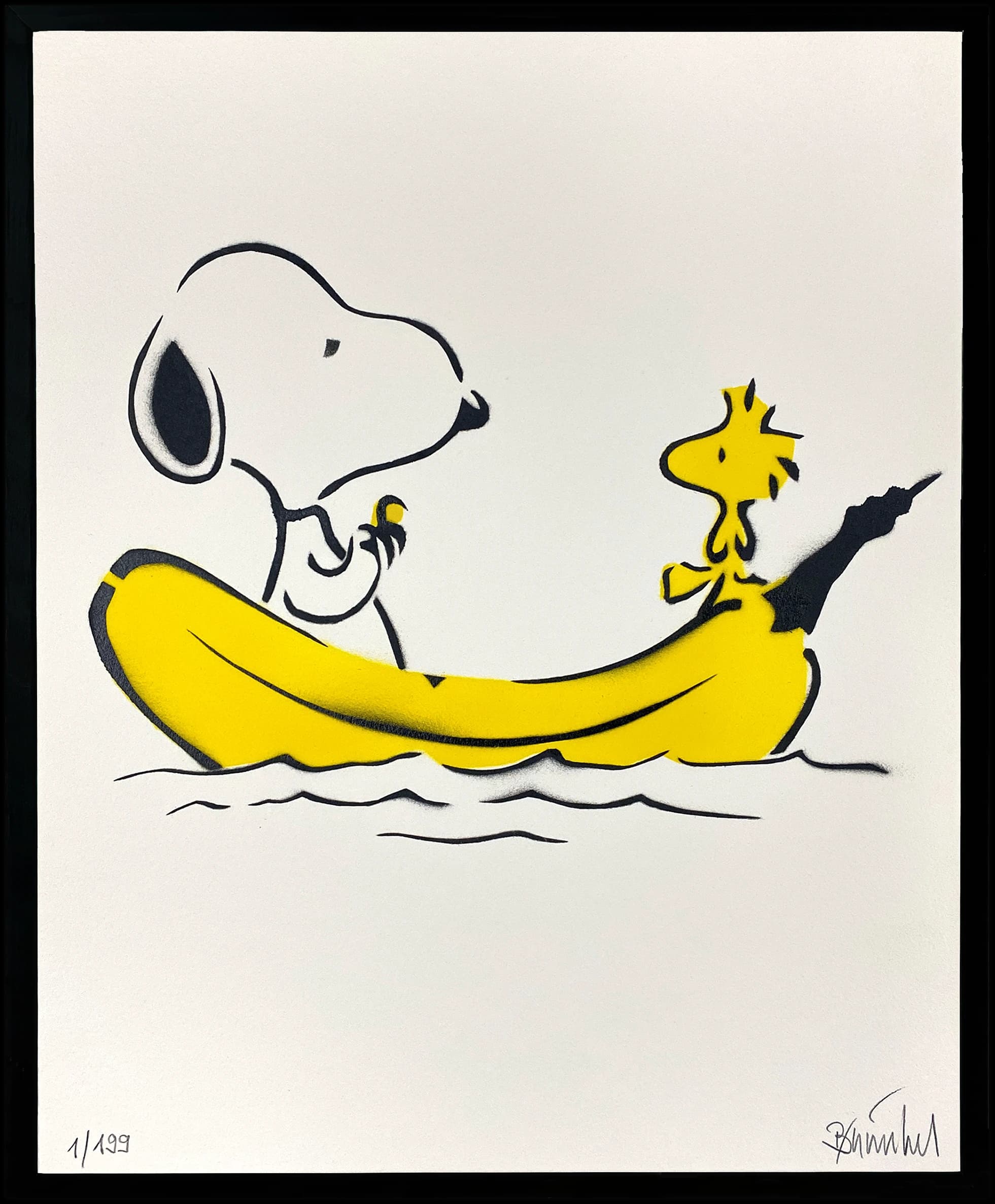 Snoopy sitzt in einer gelben Banane mit Woodstock auf weißem Hintergrund.