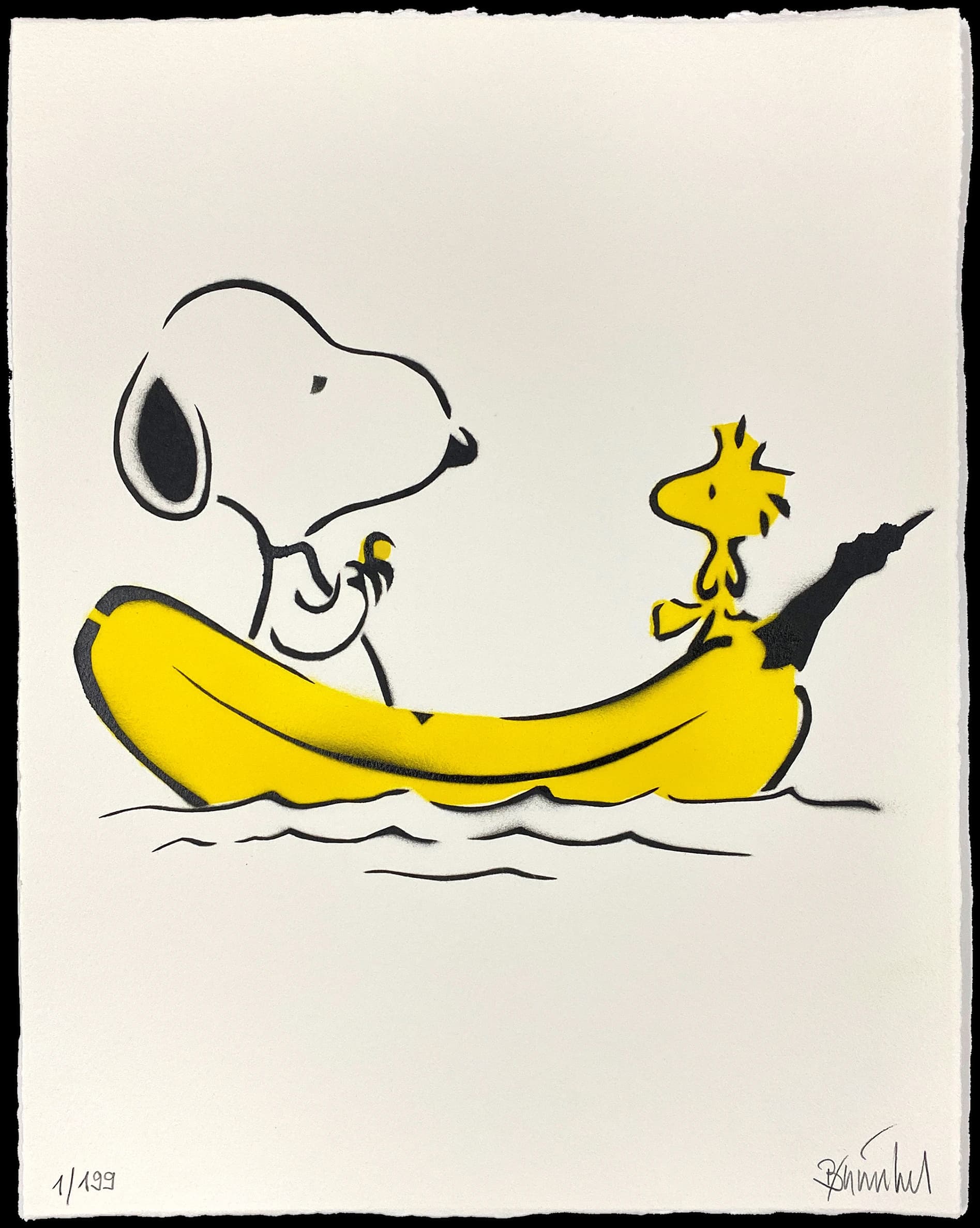 Snoopy und Woodstock sitzen in einem gelben Boot auf weißem Papier mit schwarzer Signatur.