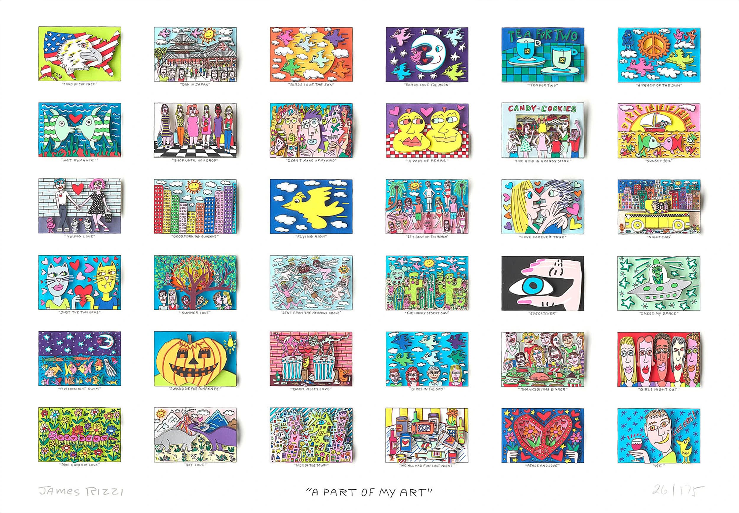 Poster mit vielen bunten Mini-Bildern in einem Raster, unten steht A PART OF MY ART und James Rizzi.