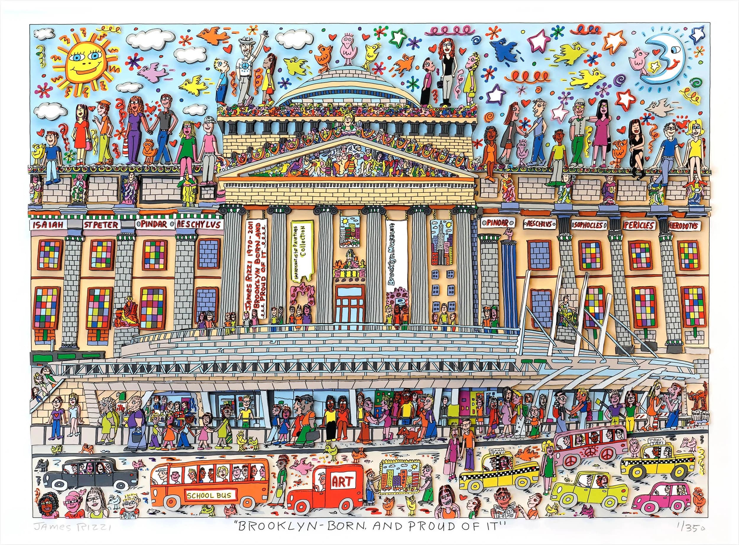 Bunte Zeichnung eines Museums mit vielen Figuren, Taxis, Schulbus und Himmel mit Sonne, Wolken und Sternen.