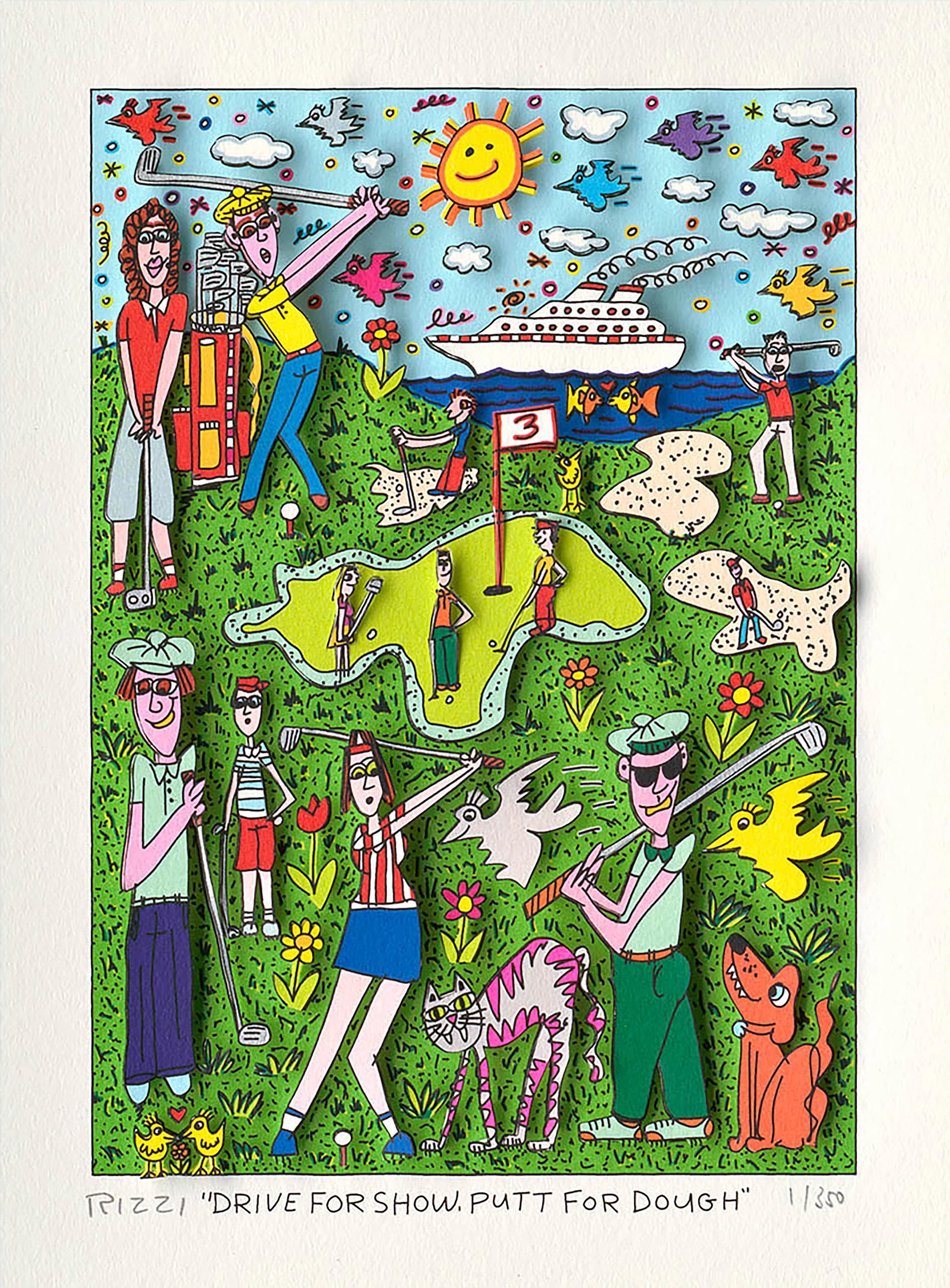 Mehrere Cartoon-Golfer stehen auf einem Platz mit See, Löchern, Flagge 3, Sonne, Wolken und Schiff.