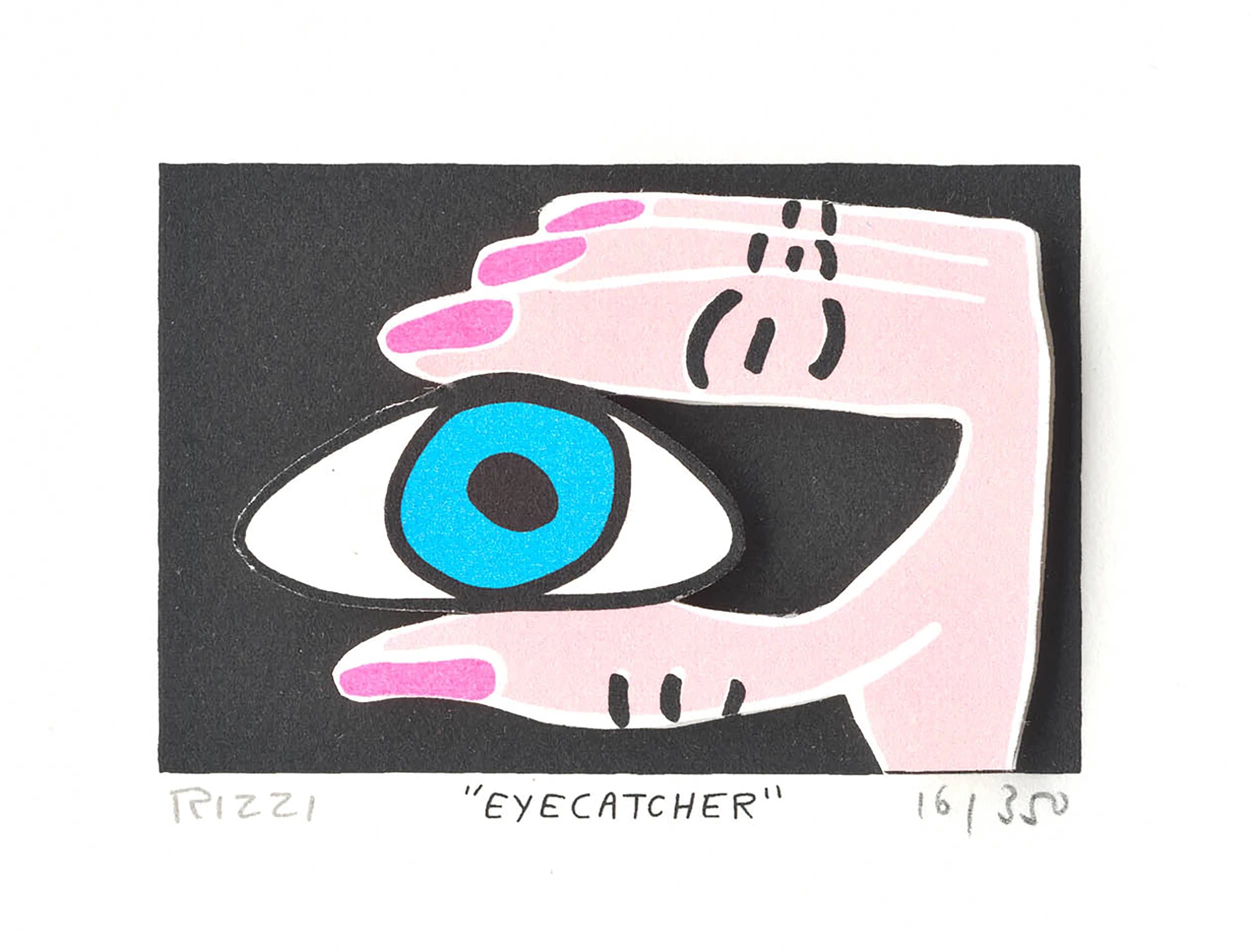 Pinke Hände um ein blaues Auge auf schwarzem Hintergrund, darunter der Schriftzug EYE CATCHER.