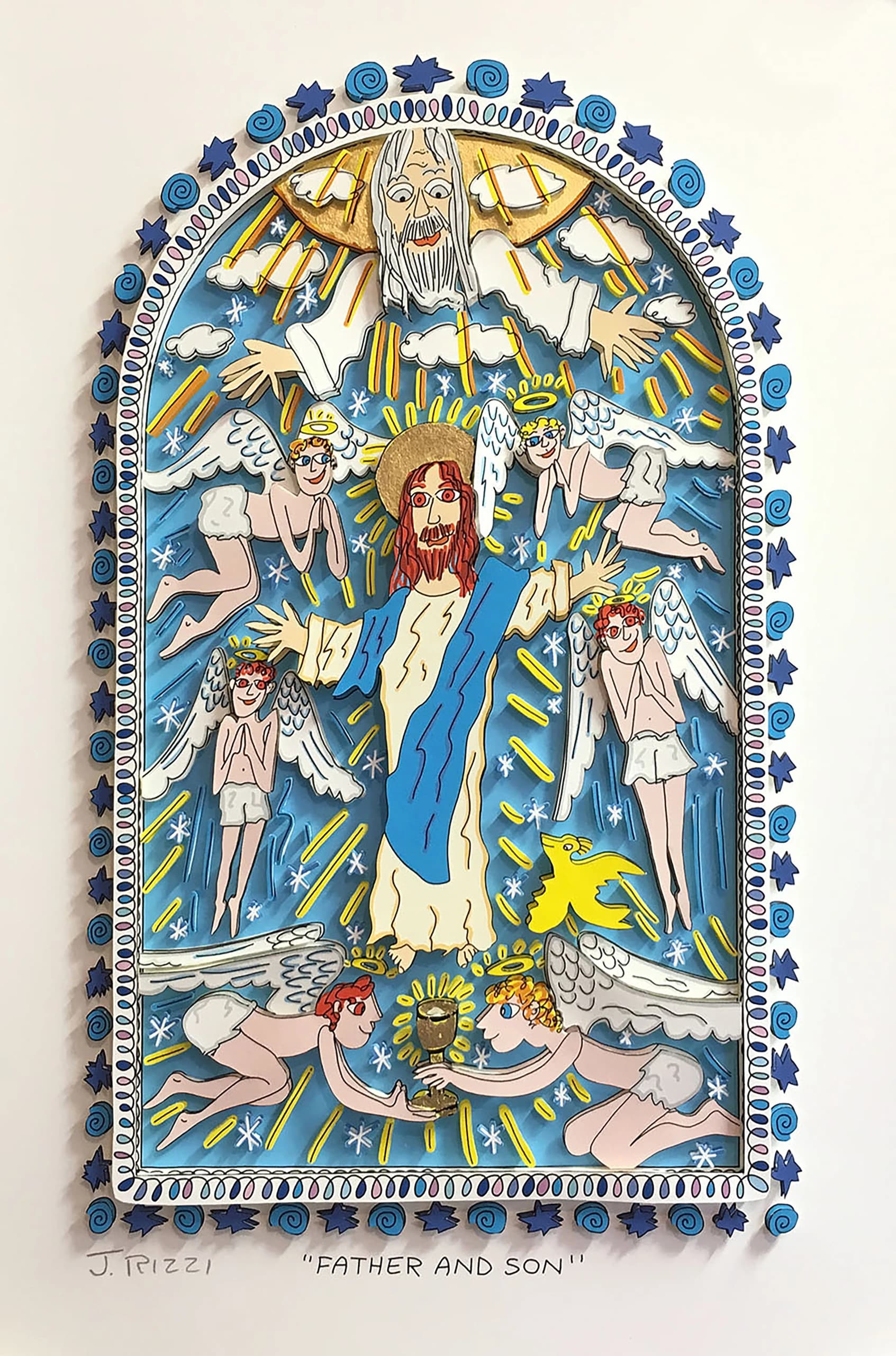 Gerahmte Zeichnung von Jesus mit Engeln in blauem Himmel, auf weißem Hintergrund mit Randornamenten.