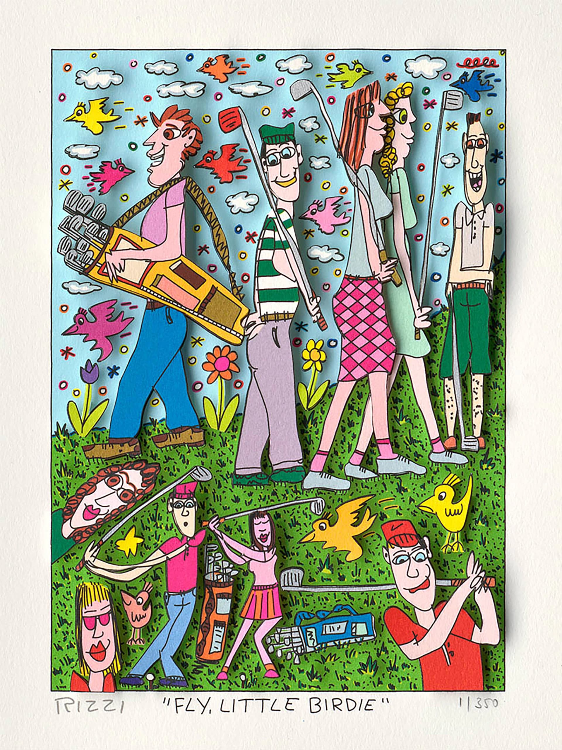 Cartoon-Golfplatz mit sechs Spielern, fliegenden Vögeln und blauem Himmel, unten grünes Gras.