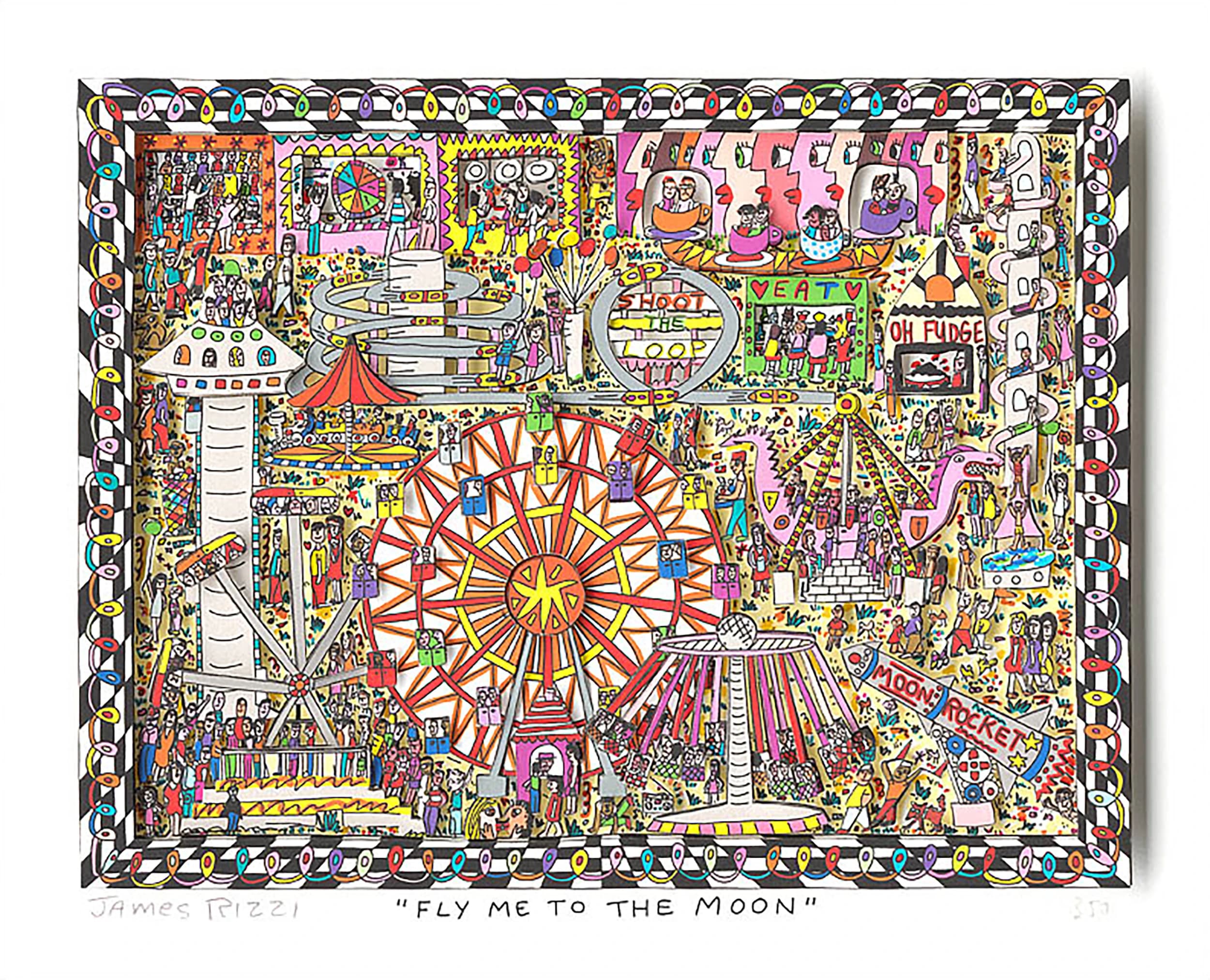 Buntes Jahrmarktbild mit Riesenrad, Karussells, vielen Figuren und dem Schriftzug „Fly Me To The Moon“.