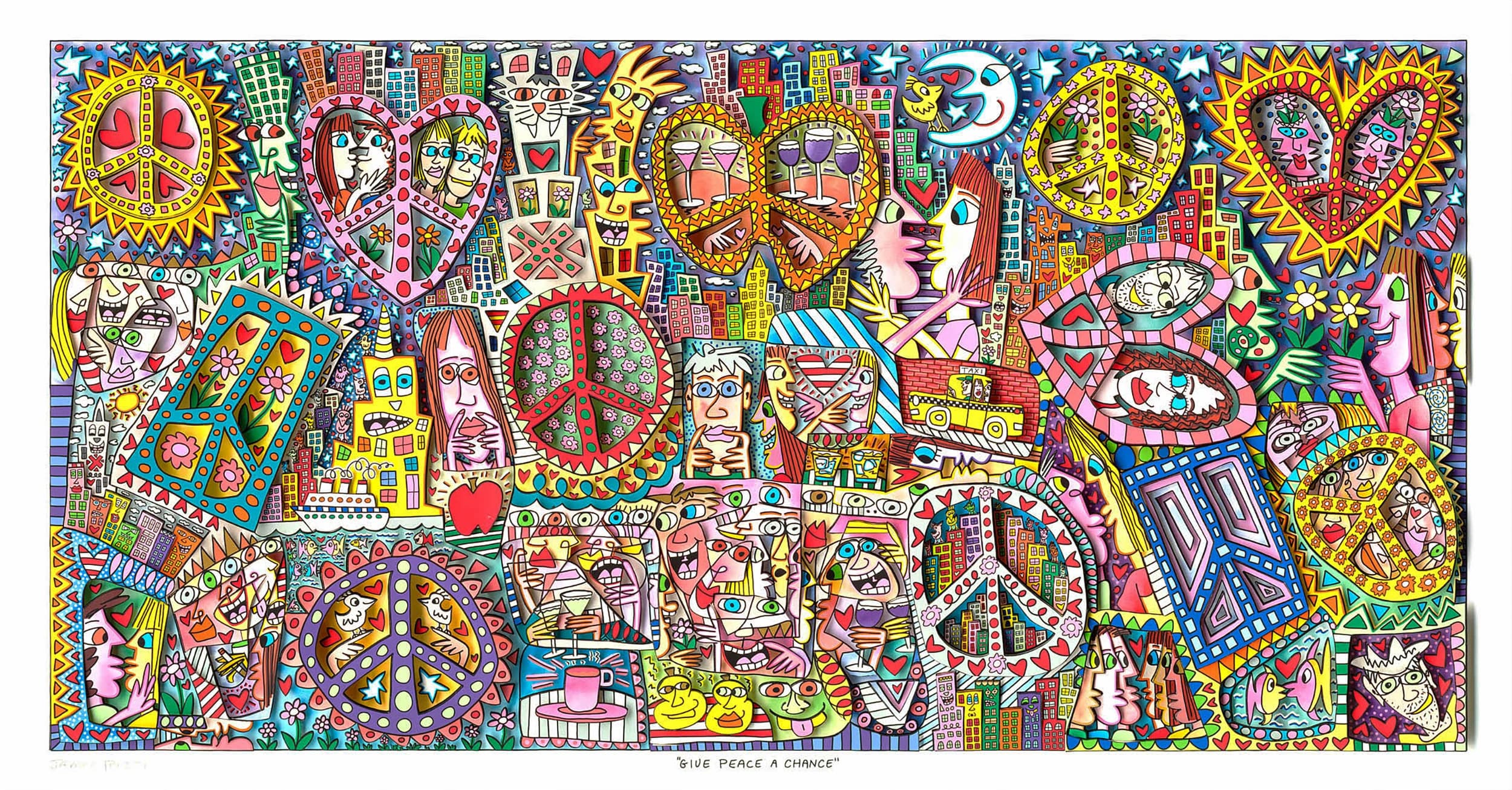 Buntes Wandbild mit Peace-Zeichen, Herzen, Gesichtern, Städten, Blumen und „GIVE PEACE A CHANCE“.