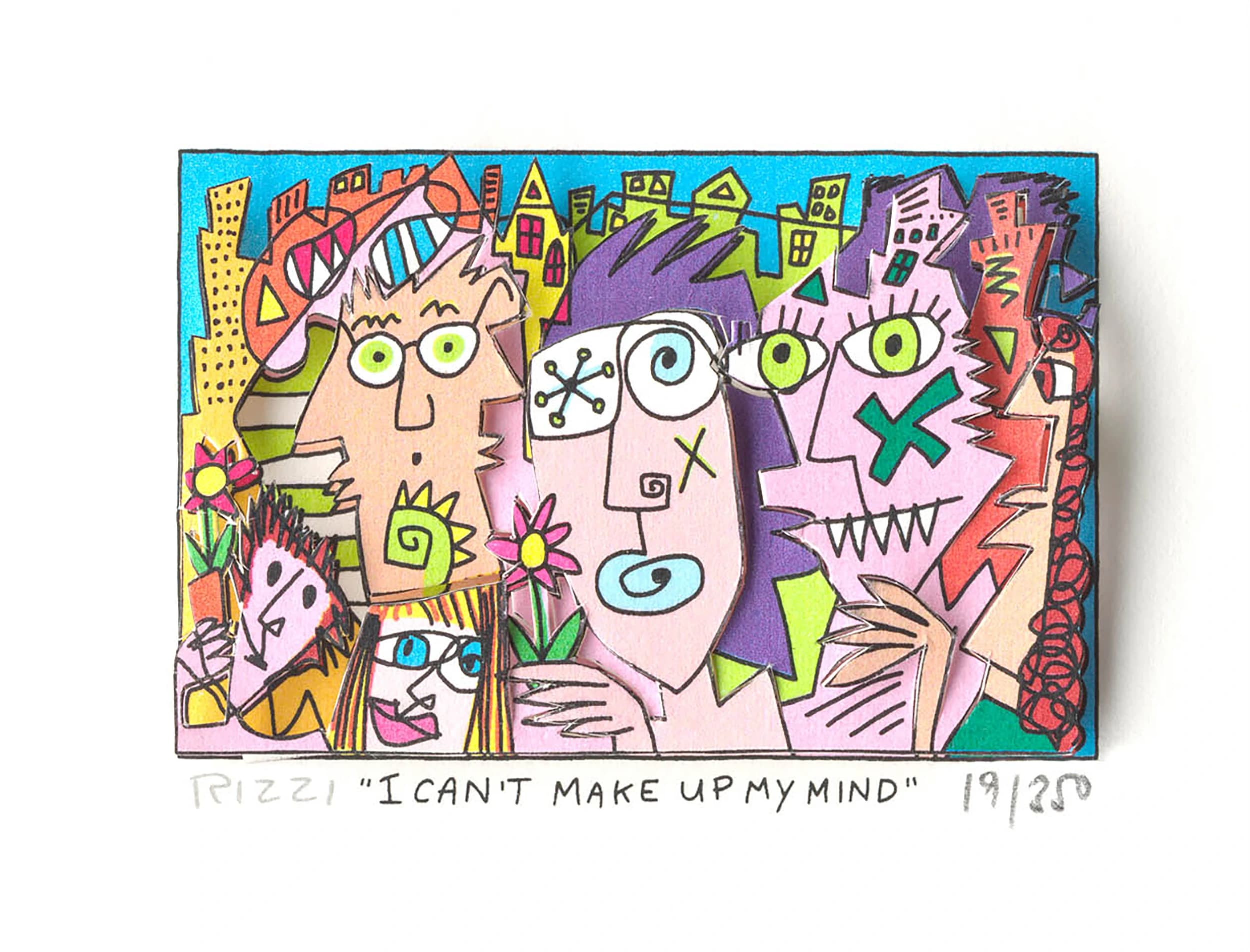 Mehrere bunte, kantige Gesichter vor einer Stadt mit blauen Himmel und der Schrift „I CAN’T MAKE UP MY MIND“.