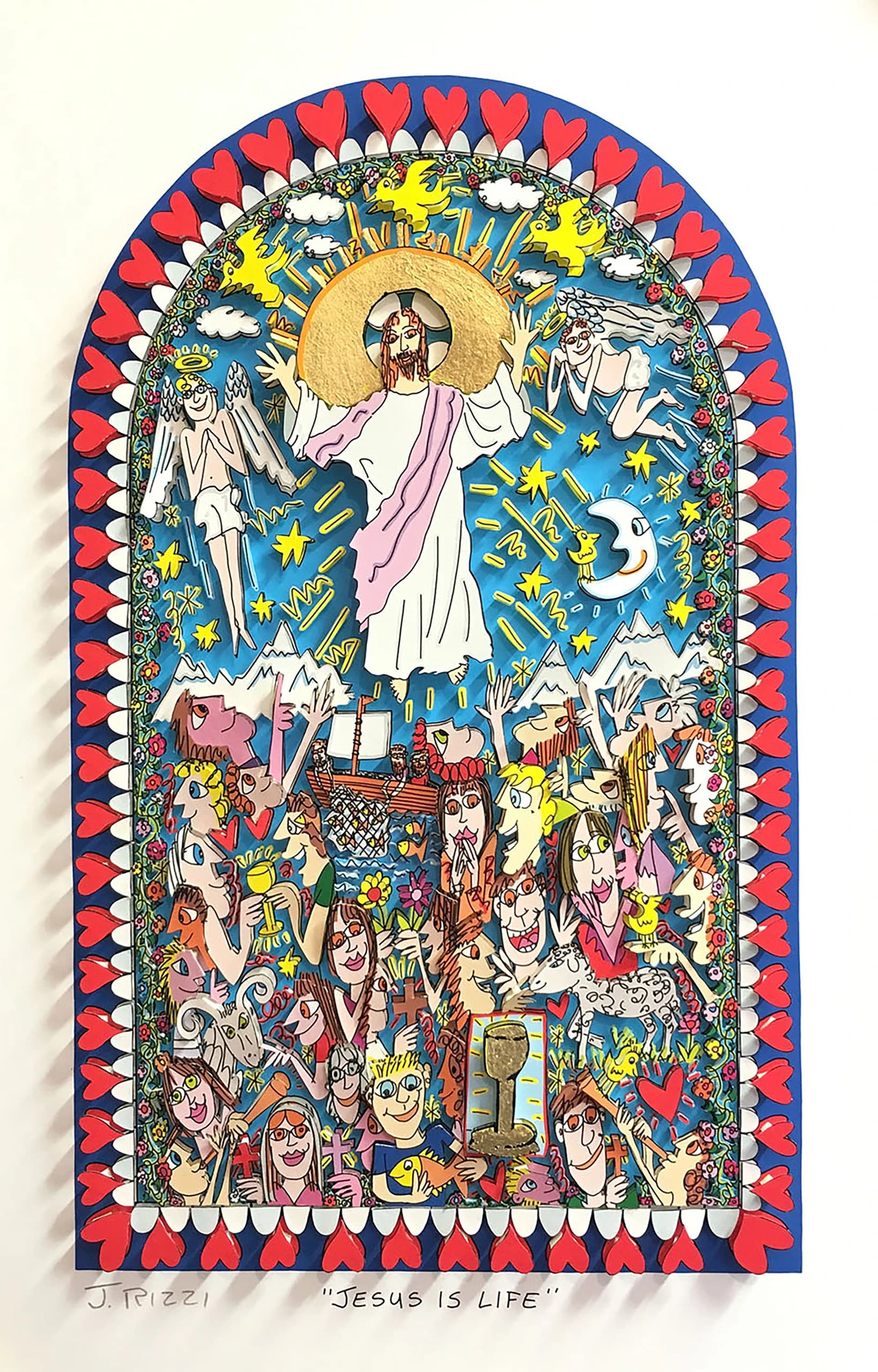 Jesus in Weiß steht mit goldenem Heiligenschein über einer Menge, umgeben von Engeln, Sternen und Herzen.