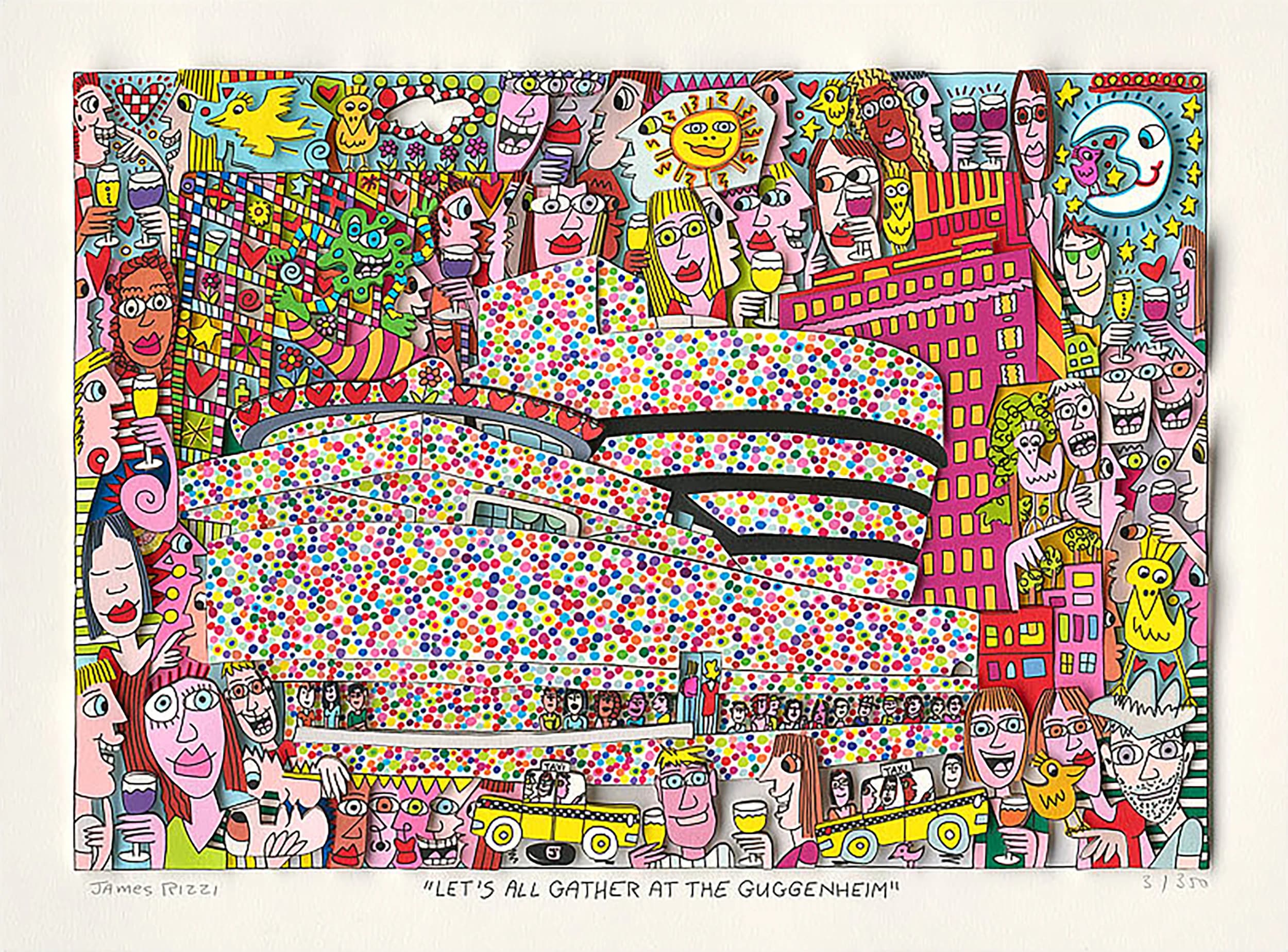 Buntes Guggenheim-Gebäude mit vielen Gesichtern und gelben Taxis vor weißem Hintergrund.