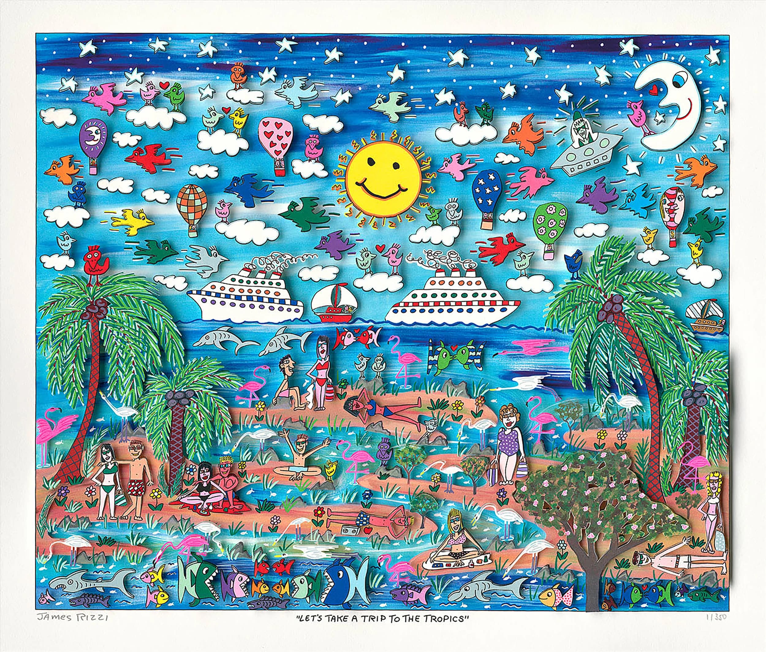 Bunte Tropenlandschaft mit Strand, Palmen, Menschen, Booten, Fischen, Vögeln, Sonne und Mond im Himmel.