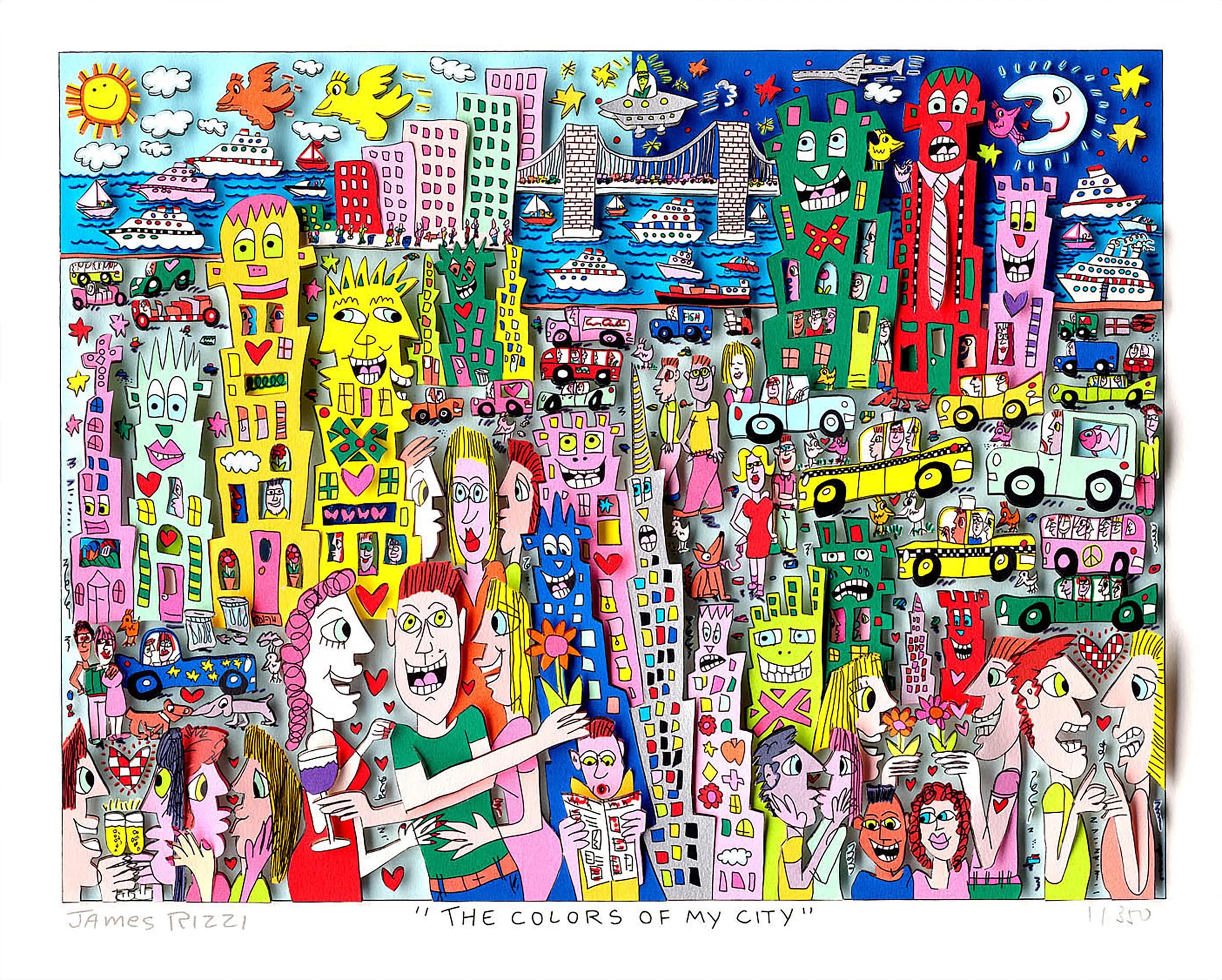 Bunte Comic-Stadt mit hohen Gesichthäusern, Menschen, Autos, Booten, Brücke, Sonne, Mond und Himmel.