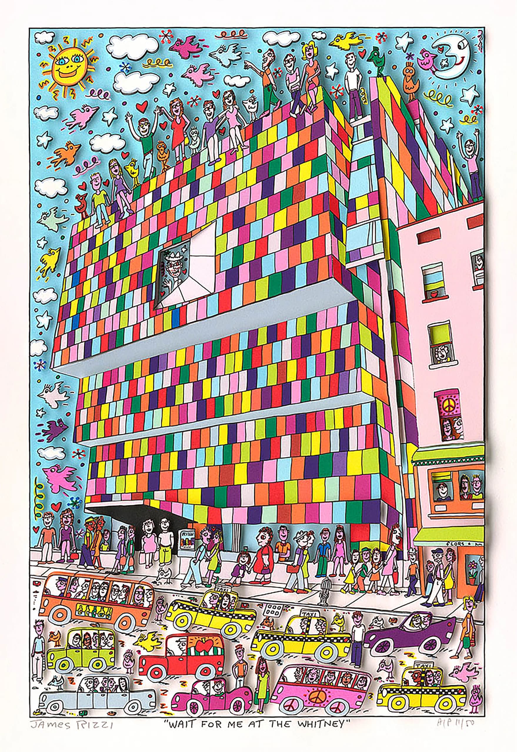 Buntes Hochhaus mit vielen Figuren auf Dach und Straße, darunter Autos und Taxis vor blauem Himmel.
