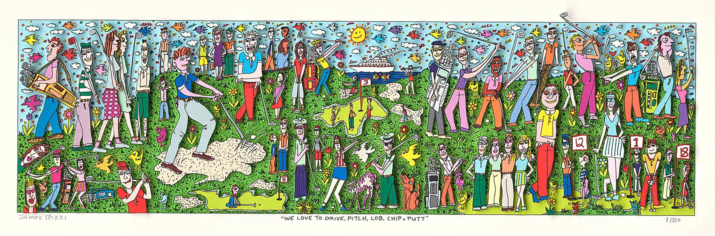 Viele bunte Golfer mit Schlägern auf einem grünen Platz unter blauem Himmel und Sonne.
