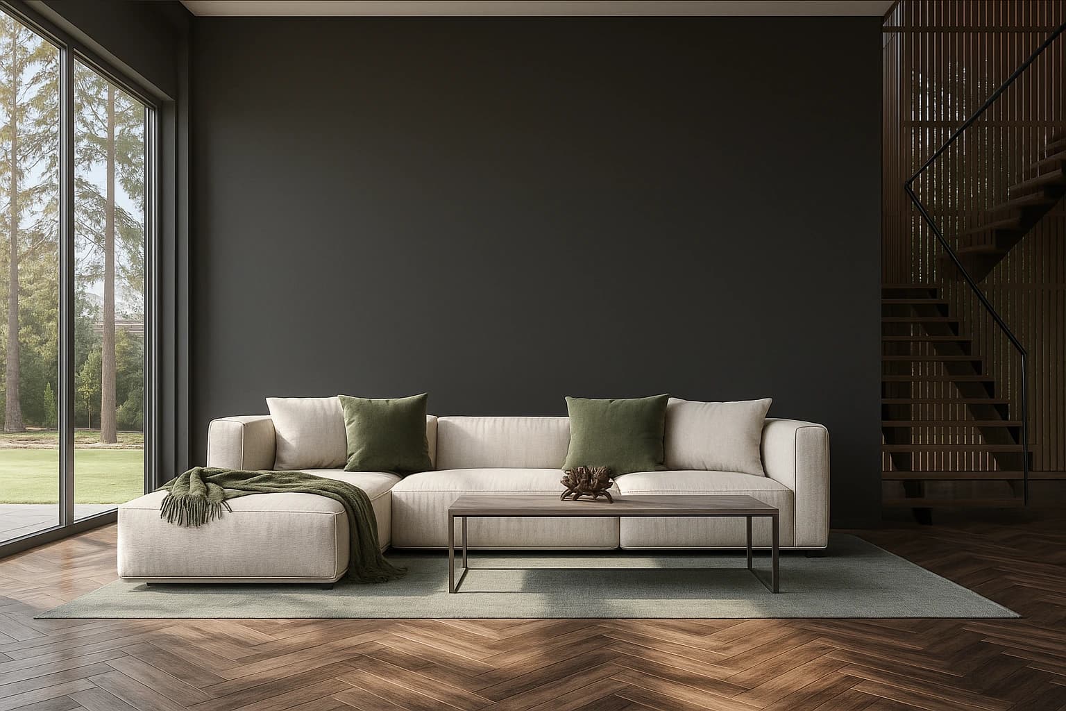 Ein helles Sofa mit grünen und weißen Kissen steht vor einer dunklen Wand neben bodentiefen Fenstern in einem Raum mit Parkettboden.