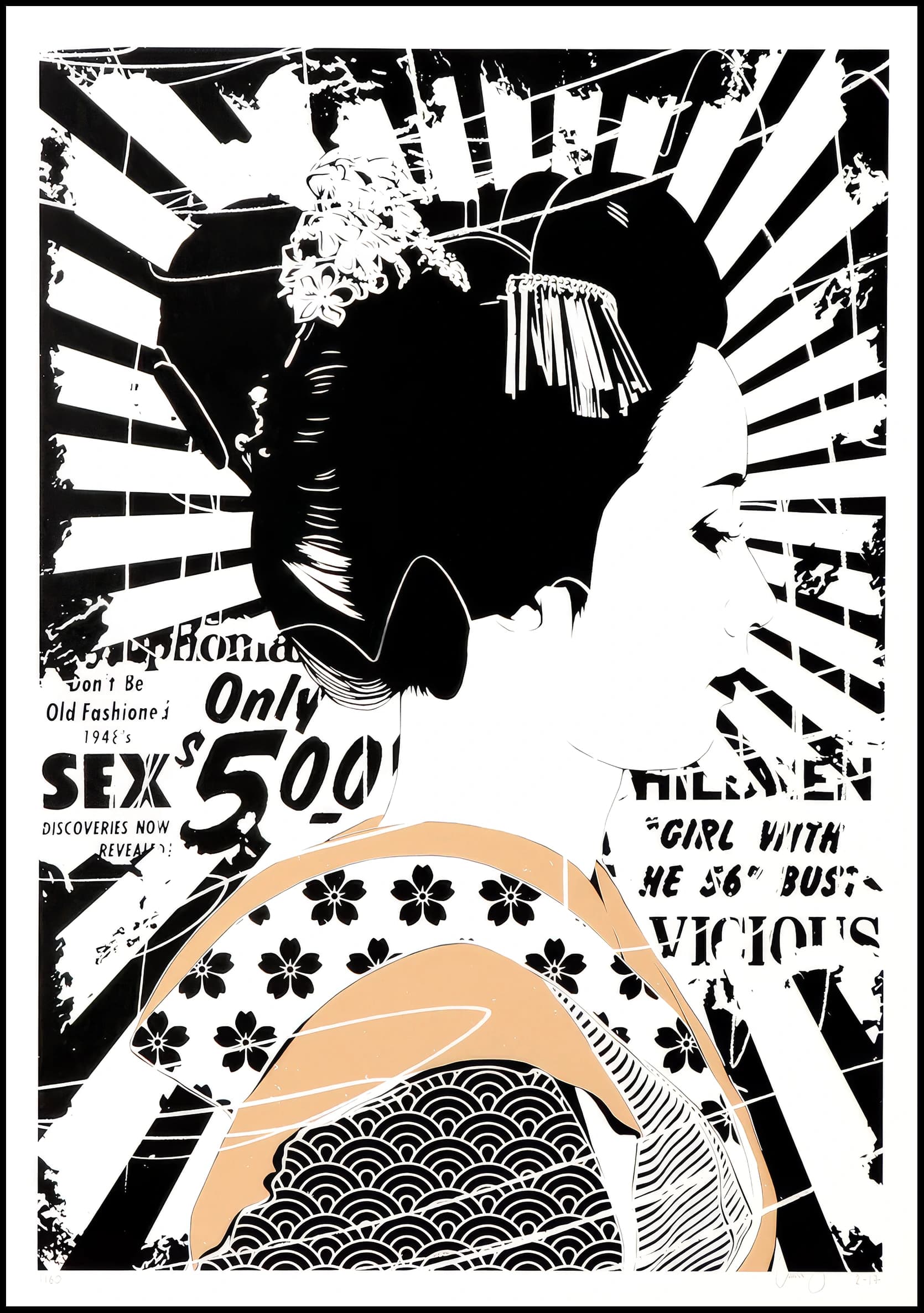 Schwarzweiße Collage einer Frau mit Blumen im Haar, vor Strahlen, Text und einem orangefarbenen Unterteil.