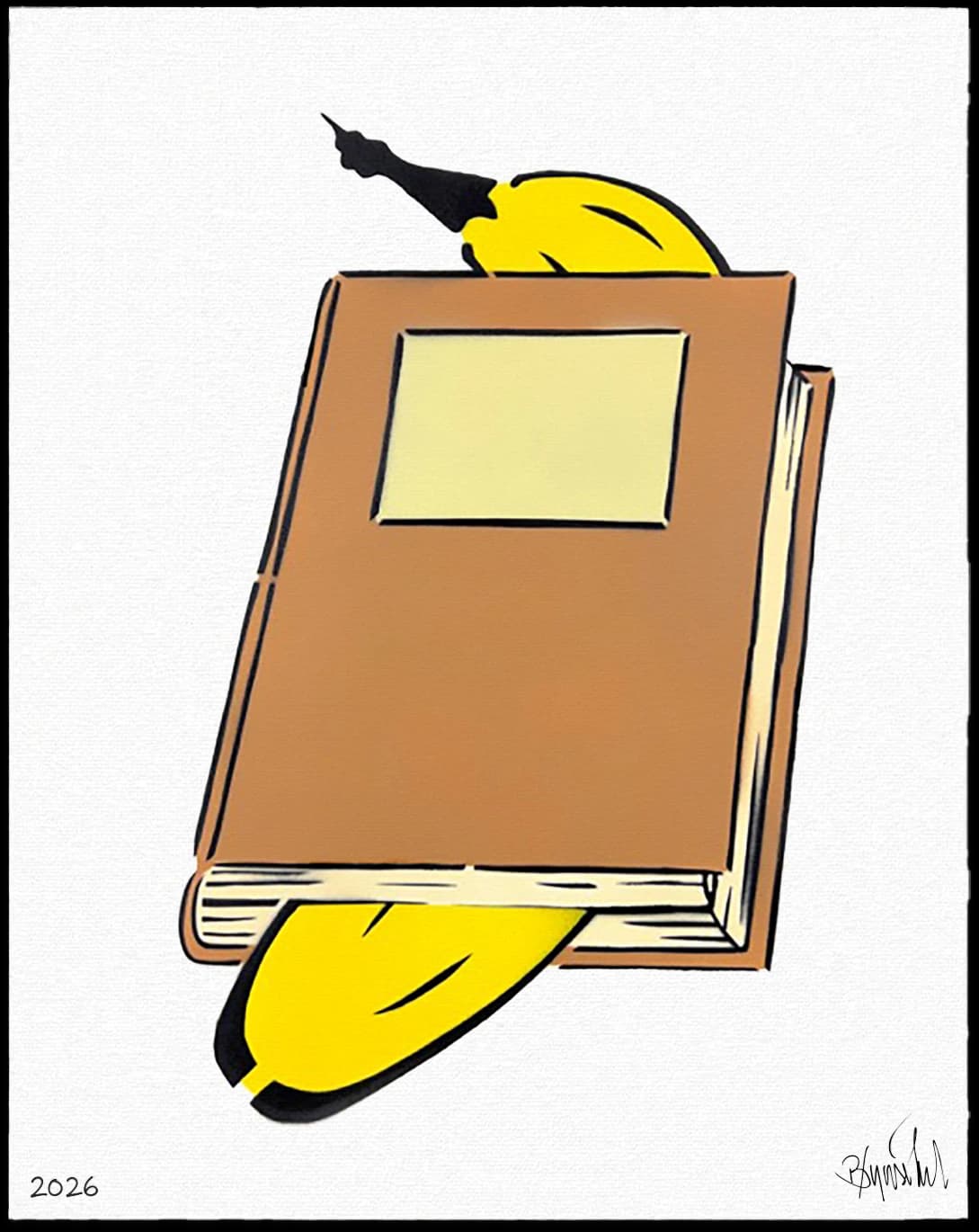 Braunes Buch mit gelbem Lesezeichen, oben und unten herausragend, vor weißem Hintergrund.