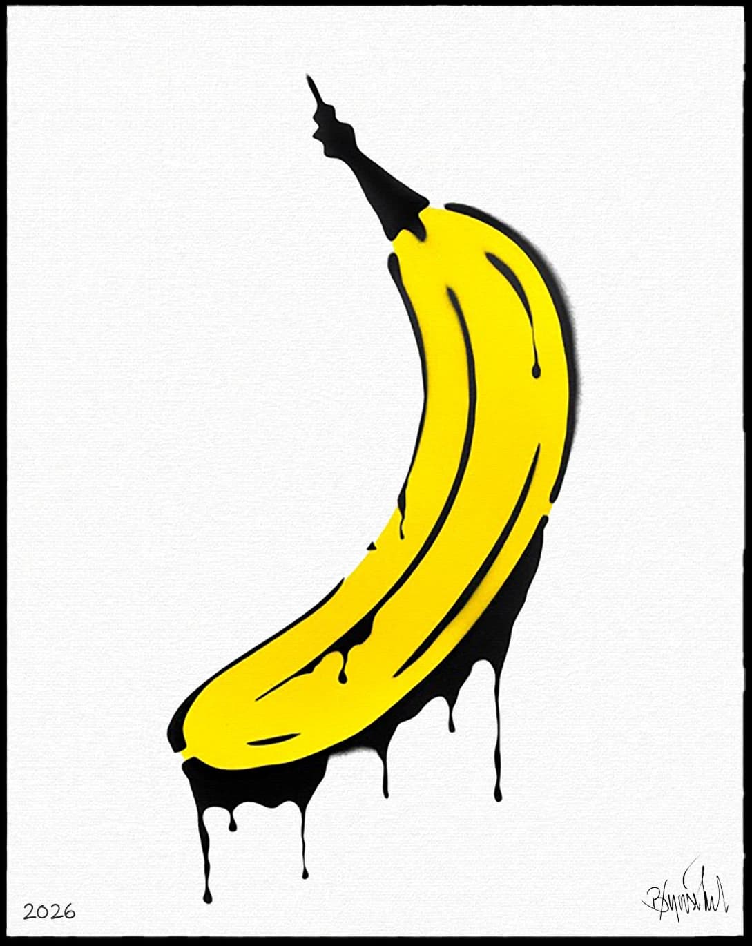 Gelbe Banane mit schwarzer Kontur und schwarzen Tropfen auf weißem Hintergrund, unten links 2026.
