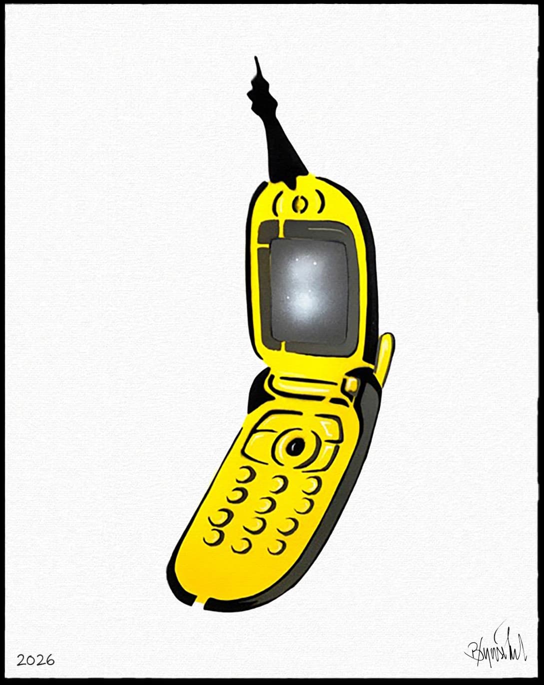 Gelbes Klapphandy mit schwarzer Antenne auf weißem Hintergrund, unten links 2026.