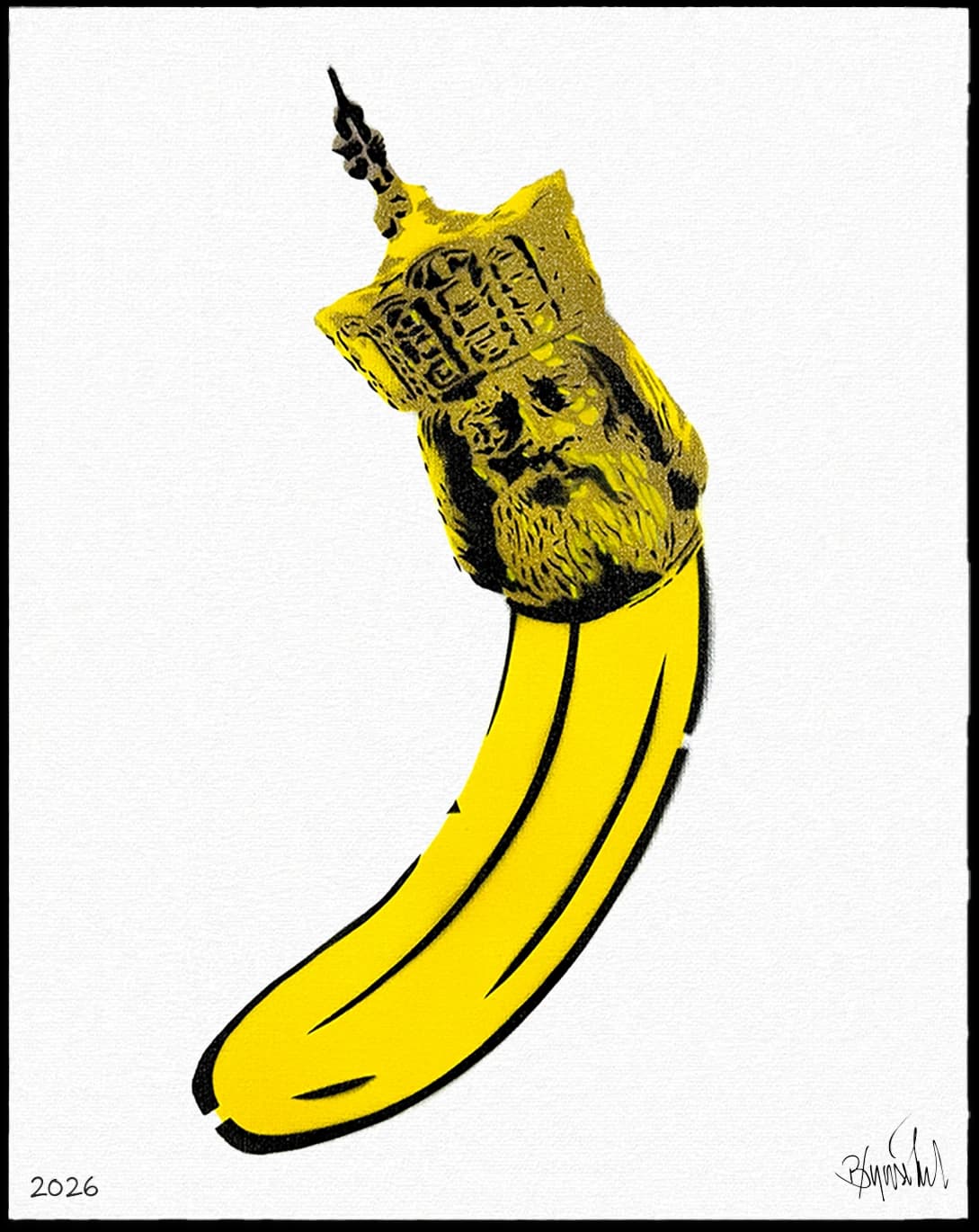 Gelbe Banane mit schwarzem Turm auf weißem Hintergrund und Signatur unten rechts.