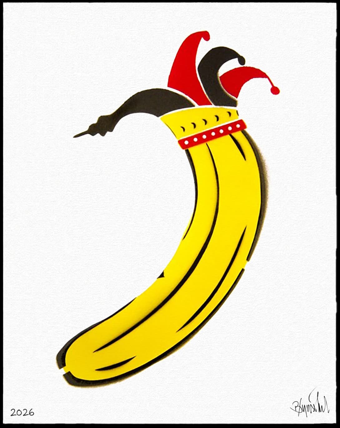 Gelbe Banane mit roter und schwarzer Narrenkappe auf weißem Papier, unten links 2026.