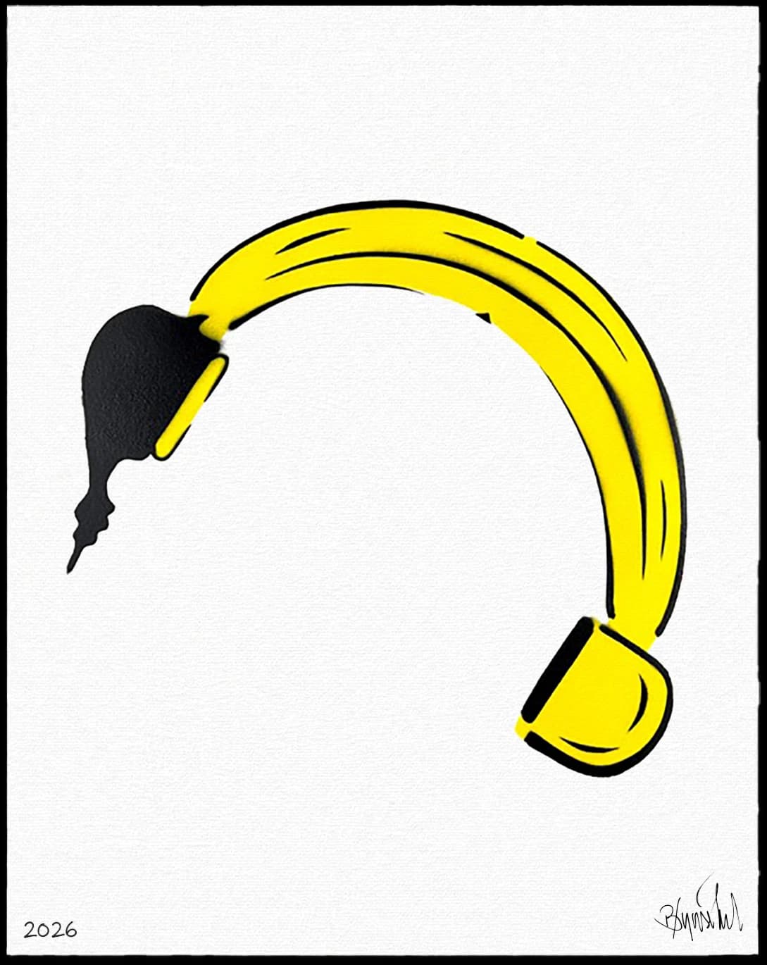 Gelber gebogener Bananenbogen mit schwarzem Kopf links und gelbem Ende rechts auf weißem Papier.