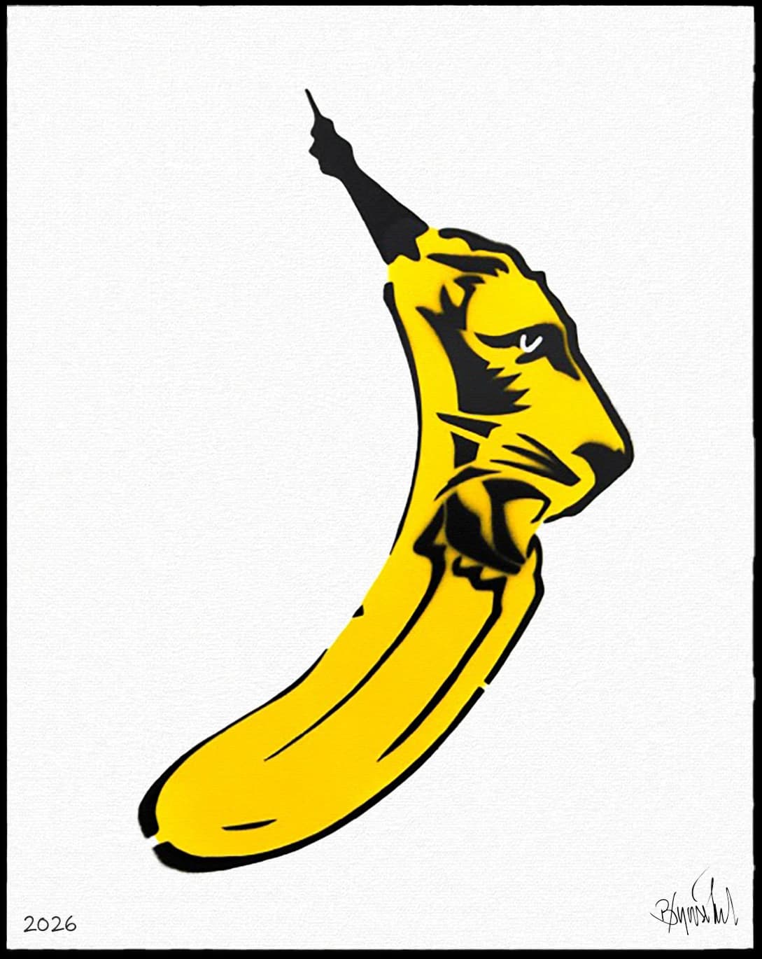 Gelbe Banane mit schwarzer Kontur auf weißem Hintergrund, unten links 2026 und unten rechts Signatur.