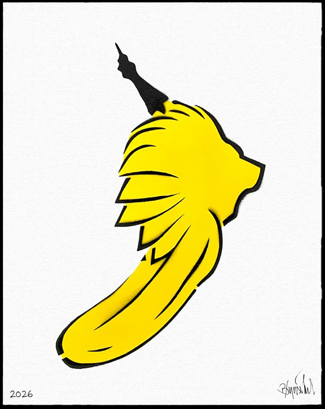 Gelbe Bananenform mit schwarzer Kontur auf weißem Hintergrund, oben ein schwarzer Stiel.