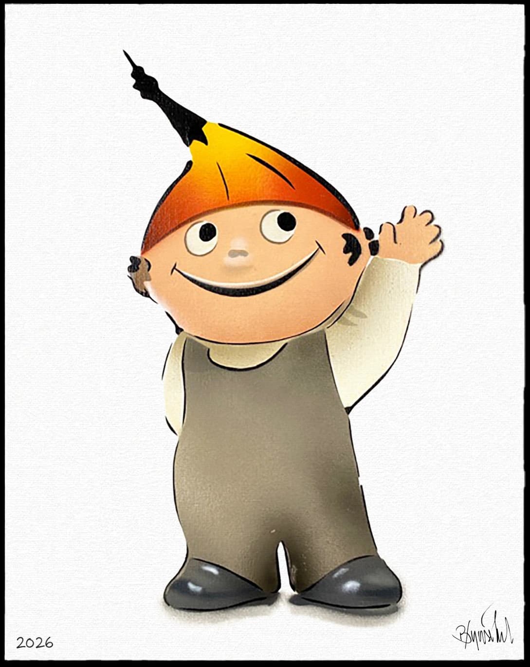 Cartoonfigur mit orangefarbener Zipfelmütze winkt vor weißem Hintergrund, unten steht 2026.