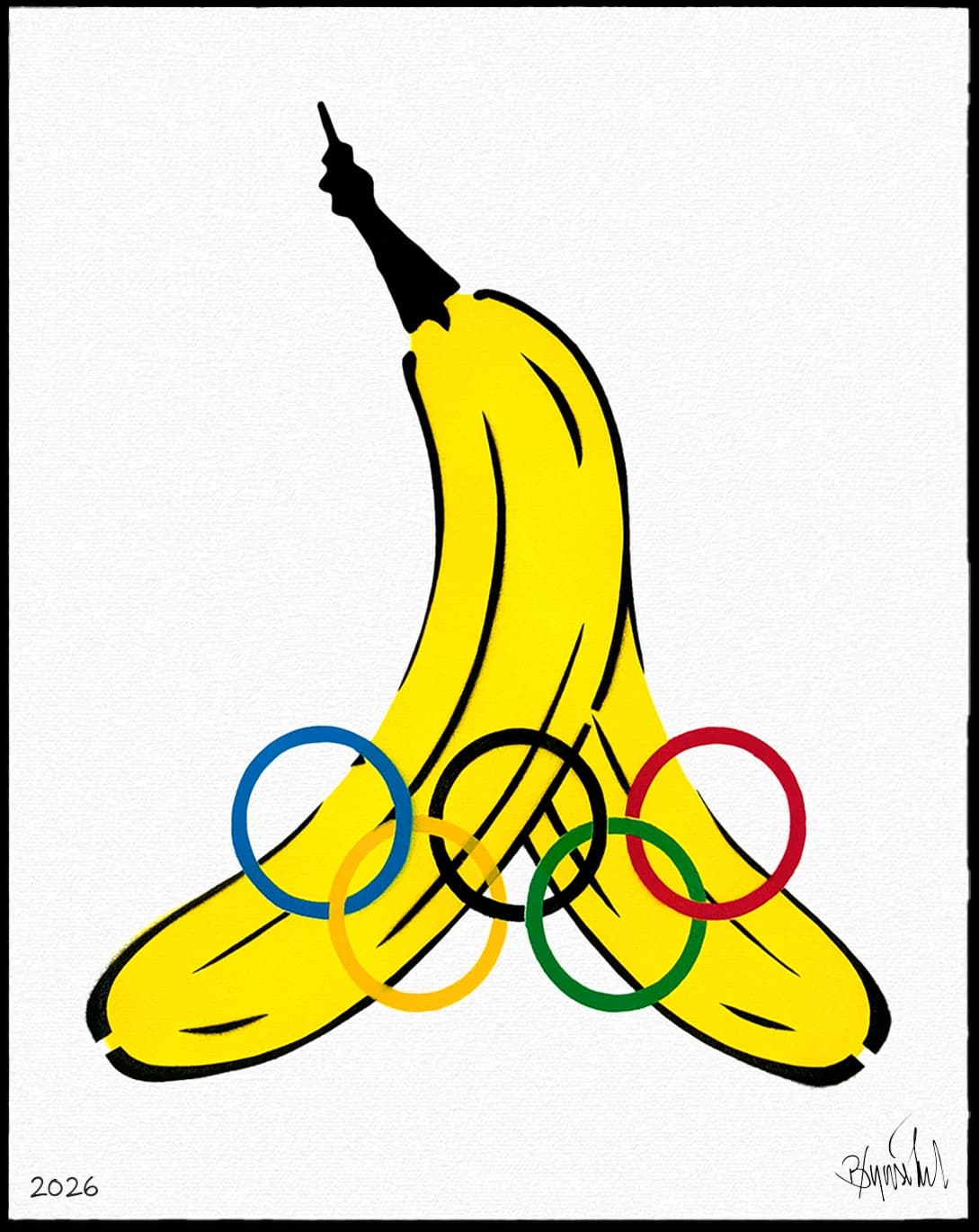 Gelbe Banane mit Olympischen Ringen auf weißem Hintergrund, unten links 2026 und unten rechts eine Signatur.