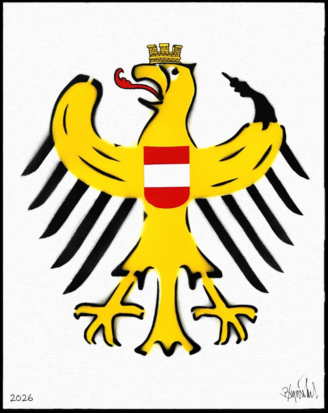 Gelber Adler mit roter Zunge, Krone und rot-weißem Schild auf weißem Hintergrund.