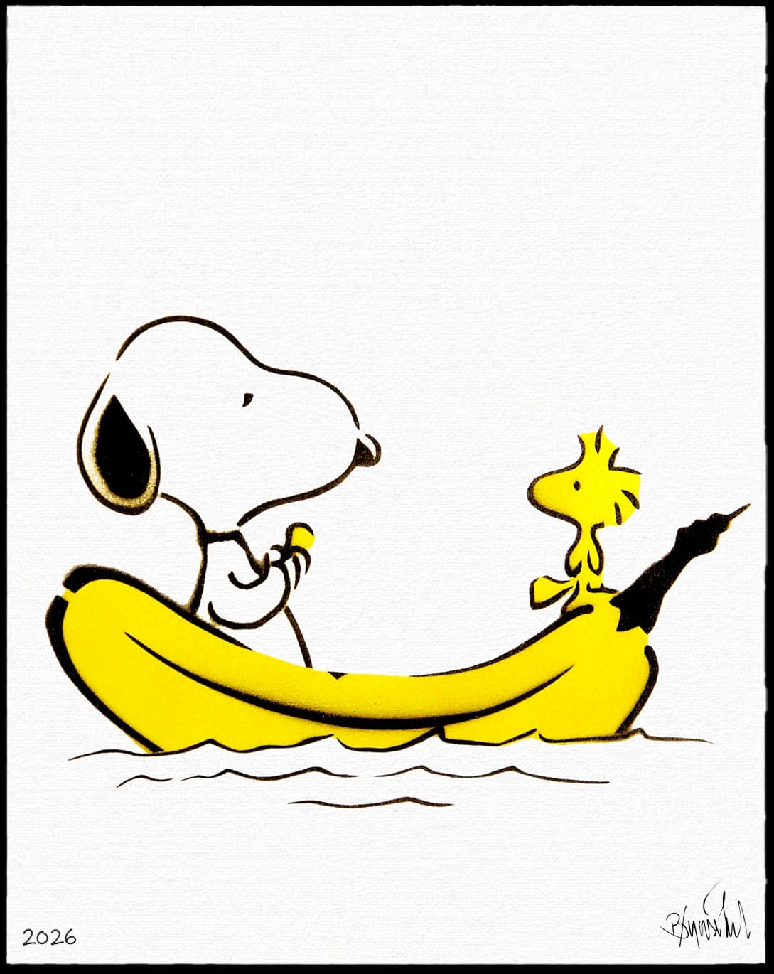 Snoopy liegt in einem gelben Boot, daneben steht Woodstock, auf weißem Hintergrund mit 2026 unten links.